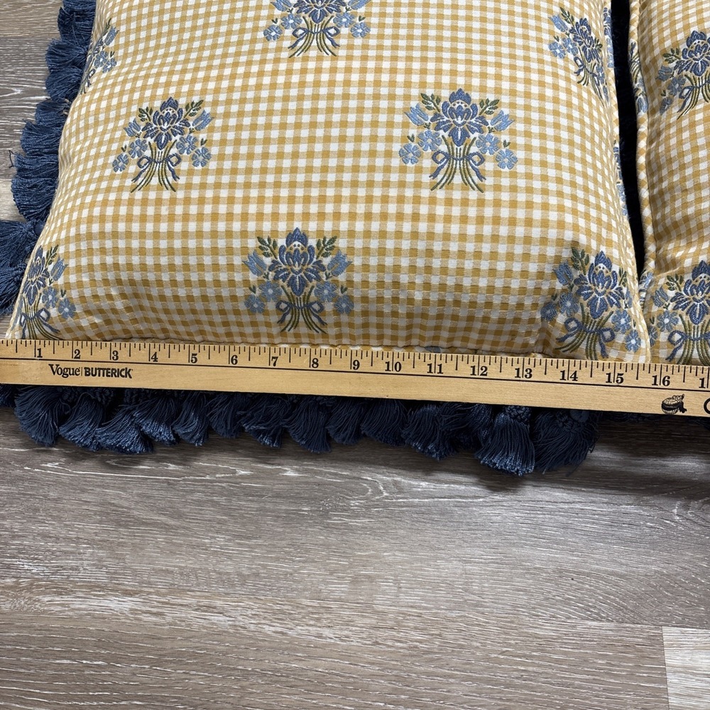 Vtg Pair Floral Blue & Yellow Gingham Throw Pillows Tassel Fringe Custom 17" Sq - Picture 5 of 7